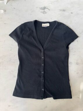 Black Short Sleeve Button-Front Ribbed Top